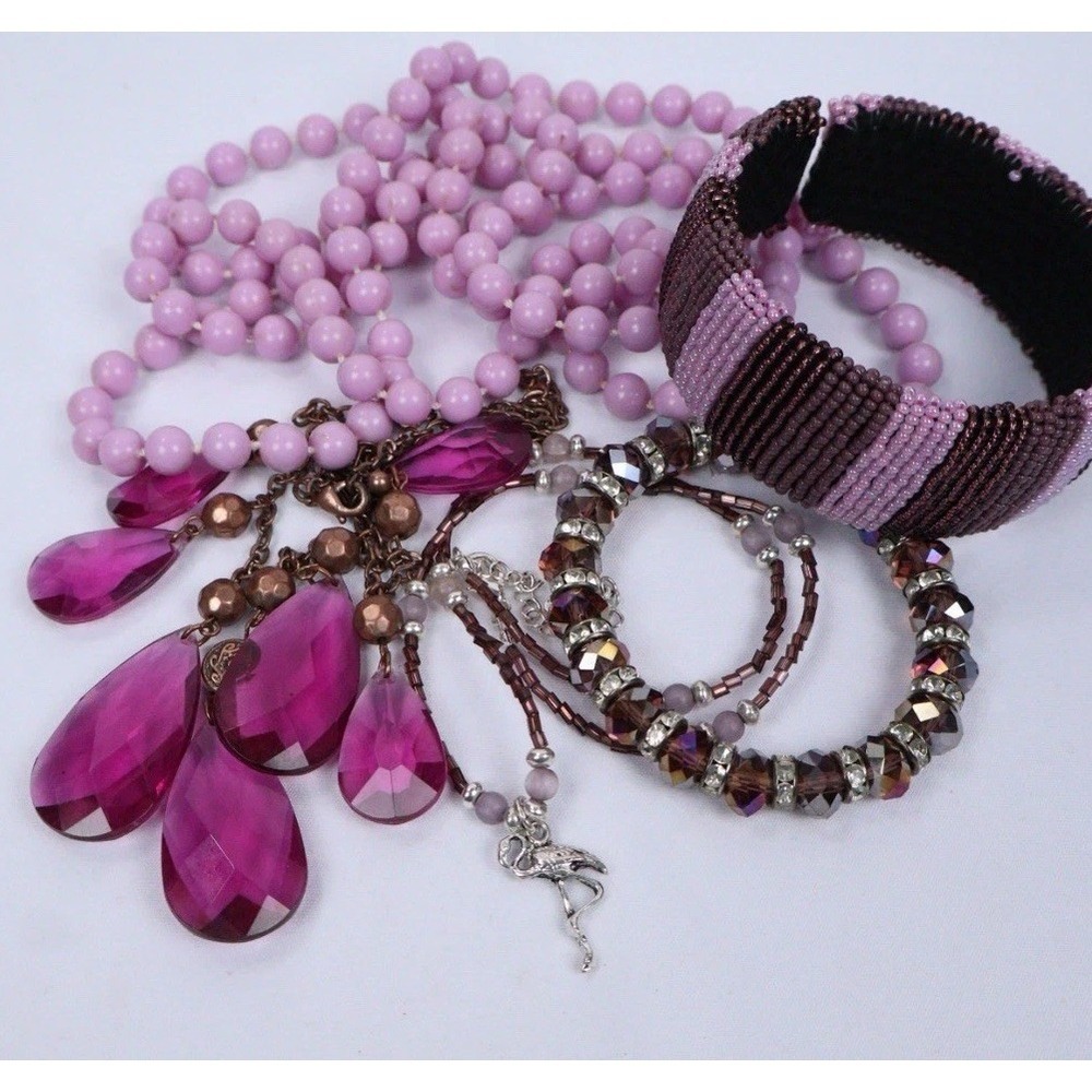 VTG-Modern Purple Silver Tones Jewelry Lot Beaded Statement Beach Layering